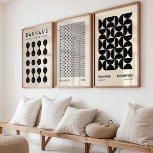 Set of 3 Bauhaus Posters, Black and White Wall Art, Geometric Pattern Print, Mid Century Modern, Minimalist Decor, Abstract Exhibition