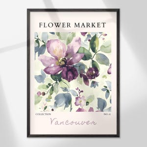 The image is a framed poster or print featuring a watercolor painting of purple flowers and green leaves.