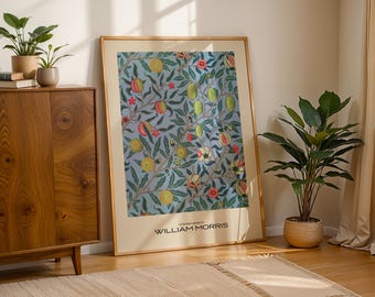 Lámina de granada de William Morris, arte mural de frutas en azul, rosa y verde, decoración botánica, póster de artes y oficios, arte de exposición vintage
