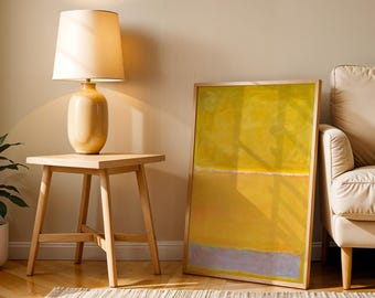 Lámina de Mark Rothko con rayas blancas sobre fondo amarillo, póster vintage, lámina de Rothko, lámina de exposición de museo, pintura de Rothko, arte abstracto minimalista.