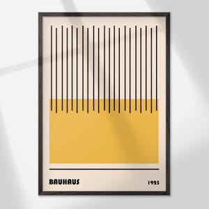 The image is a framed poster featuring a minimalist design with vertical lines and a yellow background.