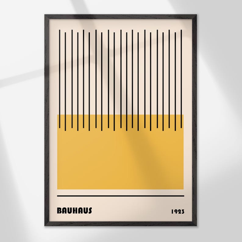 The image is a framed poster featuring a minimalist design with vertical lines and a yellow background.