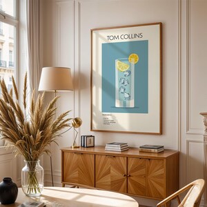 Tom Collins Cocktail Art Print, Plakat ze sztuką koktajlową, Plakat z drinkiem retro minimalistyczny, Sztuka ścienna z koktajlem, Dekoracja artystyczna do baru, Sztuka ścienna do kuchni