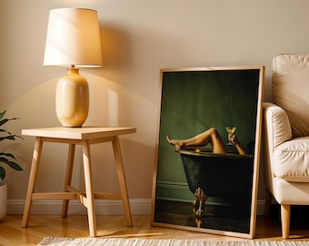 Stampa di gambe di donna nella vasca da bagno, poster per il bagno, dipinto ad olio in stile vintage, poster dark academia, poster verde per il bagno, decorazione eclettica
