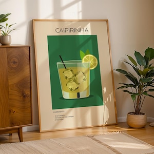 Caiprinha Cocktail Art Print, plakat z koktajlem, plakat z drinkiem retro minimalistyczny, sztuka ścienna z koktajlem, dekoracja sztuki barowej, sztuka ścienna do kuchni
