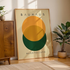 Impresión circular Bauhaus en amarillo y verde, póster retro Bauhaus, arte moderno de mediados de siglo, impresión geométrica, decoración de pared minimalista, arte para sala de estar