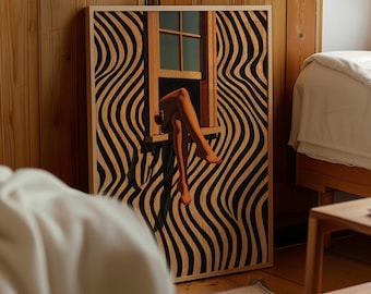 May include: A framed artwork featuring a window scene with a person's legs and a glass of wine. The artwork has a black and white wavy pattern. The window frame is made of wood, and the legs are tanned.