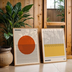 two framed artworks with minimalist designs, placed on a wooden floor next to a potted plant.