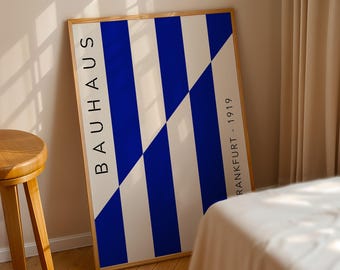 Blå linje Bauhaus utställningsaffisch, Bauhaus-utställningskonsttryck, geometriskt konsttryck, minimalistisk väggdekor, modern väggkonst för mitten av århundradet