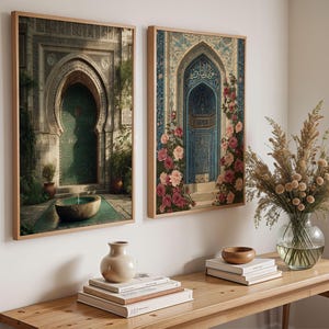 May include: Two framed prints showcasing detailed archways. One displays a green tiled arch with a fountain, the other a blue archway decorated with pink roses. Both are presented in wooden frames, adding a touch of elegance.