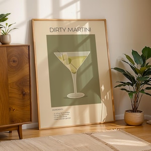 Dirty Martini Cocktail Art Print, plakat ze sztuką koktajlową, plakat z drinkiem retro minimalistyczny, sztuka ścienna z koktajlem, dekoracja sztuki barowej, sztuka ścienna do kuchni