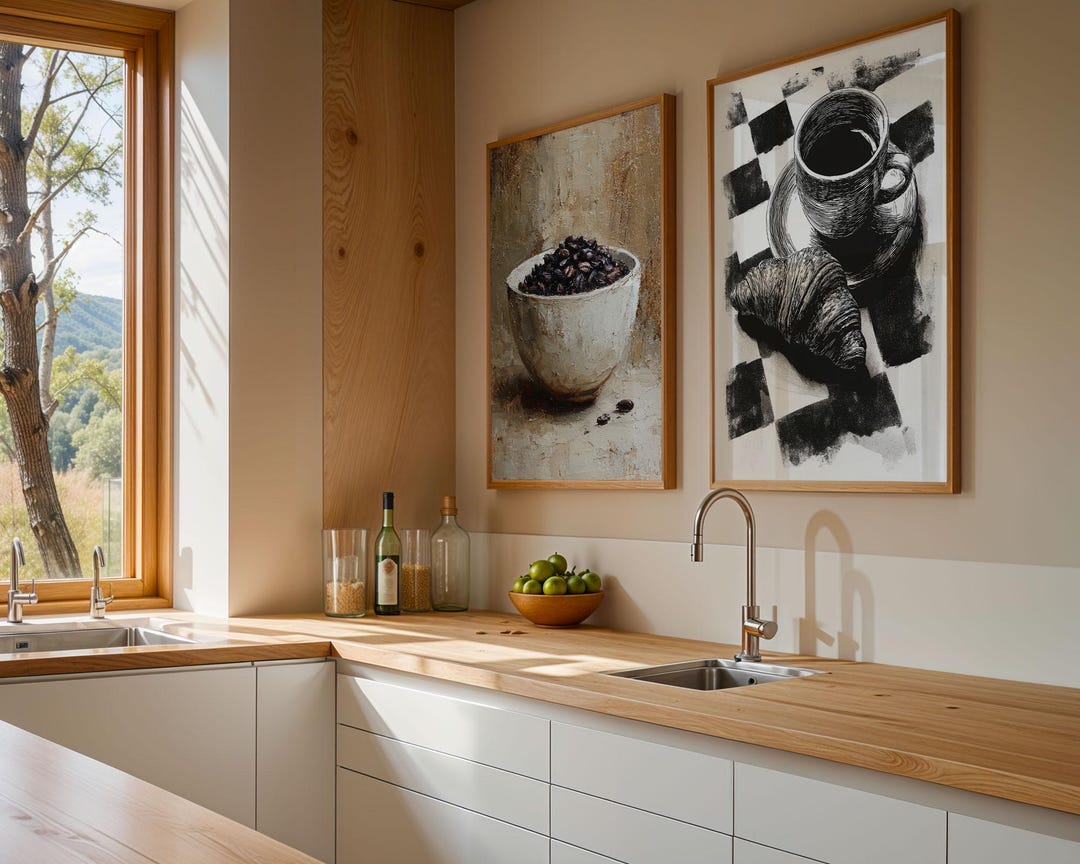 set of 8 kitchen prints, coffee print set, fork spoon... Coffee Print Set of 2, Rustic Kitchen Wall Art, Croissant Monochrome ...