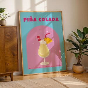 Impresión de cóctel de piña colada, póster de cóctel, póster minimalista de bebida retro, arte mural de cócteles, decoración de bar, arte mural de cocina, receta