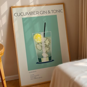 Sztuka koktajlowa Cucumber Gin & Tonic, plakat koktajlowy, plakat retro drinka minimalistyczny, sztuka ścienna koktajlowa, dekoracja artystyczna baru, sztuka ścienna do kuchni
