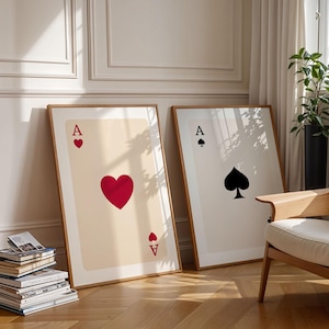 Posterprint van een set van 2 azen, vintage speelkaarten muurdecoratie, print van een kaartspel, aas muurdecoratie, poster van de Aas van Harten, decoratie van de Aas van Schoppen