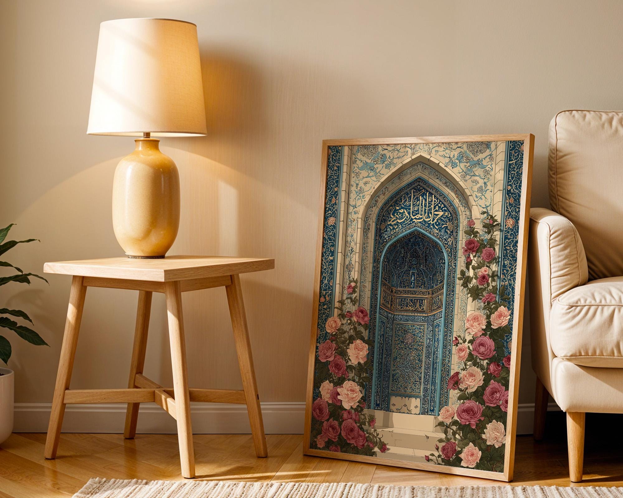 White Roses Islamic Mihrab With Roses Poster, Islamic Architecture Print, Ornate Prayer ...