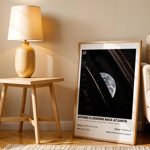 May include: A framed print titled "ARTEMIS II LOOKING BACK AT EARTH" shows a view of Earth from space. The print is in a light wood frame and is propped against a wall. A wooden side table with a beige lamp sits to the left of the print.