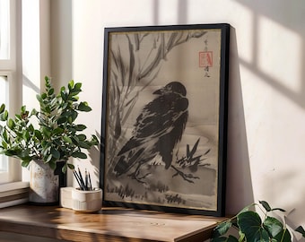 Kawanabe Kyosai Crow Print, Vintage Japanese Poster, Japanese Ukiyo-e Poster, Vintage Japanese Print, Japandi Poster, Aesthetic Minimalism