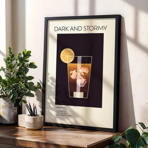 Dark And Stormy Cocktail Art Print, plakat ze sztuką koktajlową, plakat z drinkiem retro minimalistyczny, sztuka ścienna z koktajlem, dekoracja sztuki barowej, sztuka ścienna do kuchni