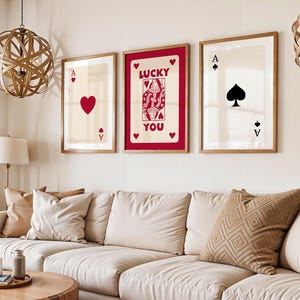 Set di 3 carte da gioco Wall Art, stampa Asso di picche, poster Asso di cuori, Lucky You Wall Art, stampa mazzo di carte, decorazione da parete Asso, arte moderna