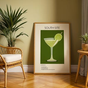 South Site Cocktail Art Print, plakat z koktajlem, plakat z drinkiem retro minimalistyczny, sztuka ścienna z koktajlem, dekoracja sztuki barowej, sztuka ścienna do kuchni
