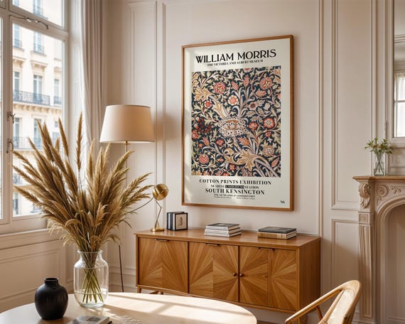 William Morris Compton Floral Print, Dark Blue Red Gold Wall Art