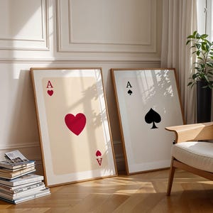 Póster con el juego de 2 cartas de Ace, impresión de arte de pared con naipes antiguos, impresión de baraja de cartas, decoración de pared con Ace, póster con el Ace of Harts, decoración con el Ace of Spades