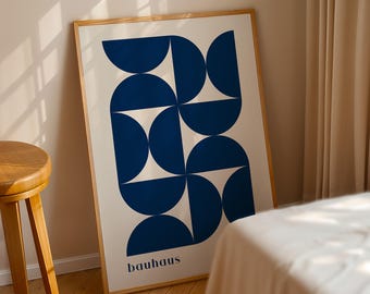 Blå Bauhaus-utställningsaffisch, Bauhaus-utställningskonsttryck, geometriskt konsttryck, minimalistisk väggdekor, modern väggkonst med mitten av århundradet