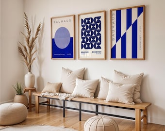 Blå Bauhaus-set med 3 väggkonstverk, Bauhaus-utställning, utställningskonst, geometriskt konsttryck, minimalistisk väggdekor, modern väggkonst från mitten av århundradet