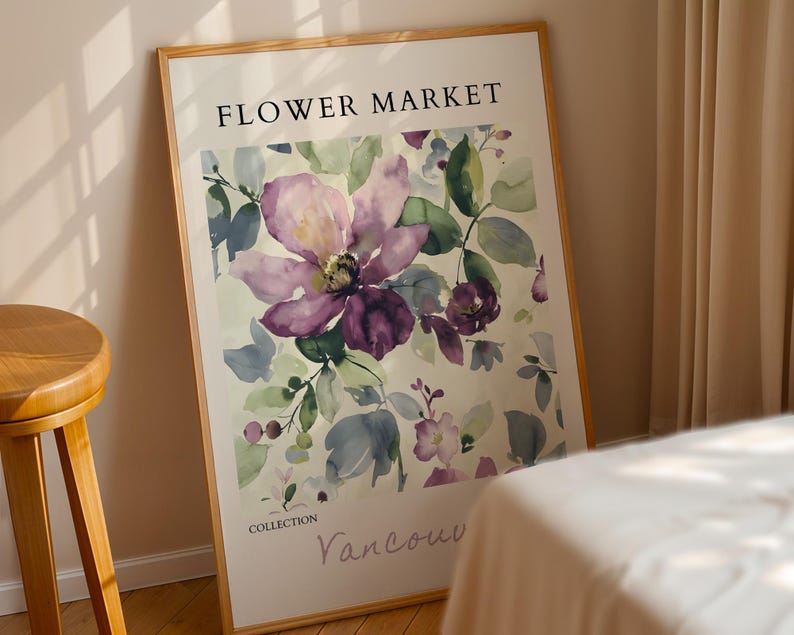 a large framed poster of a floral design, with the text "FLOWER MARKET" prominently displayed at the top.