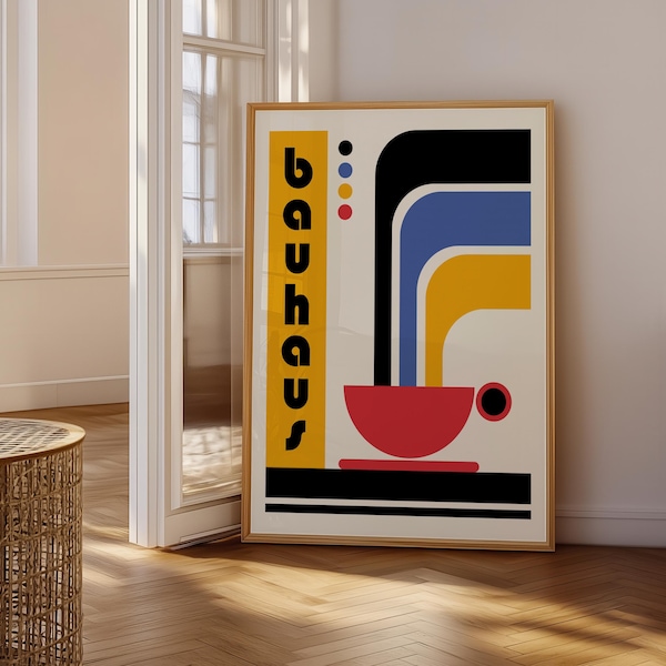Bauhaus Coffee Cup Print, Retro Abstract Poster, Mid Century Kitchen Wall Art, Kitchen Decor, Coffee Lover Gift, Dopamine Kitchen Decor