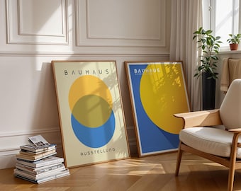 Set of 2 Bauhaus Yellow and Blue Prints, Bauhaus Ausstellung Poster, Geometric Art Print, Minimalist Wall Decor, Mid Century Modern Wall Art