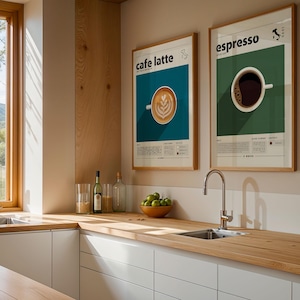 Juego de 2 pósteres de café, impresiones retro de café con leche y espresso, arte mural grande para cocina, decoración moderna de mediados de siglo, arte minimalista.