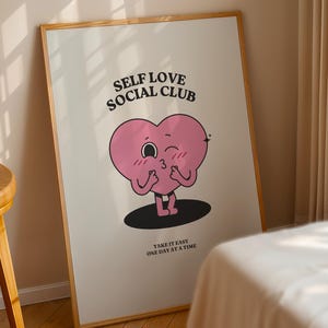 Self Love Social Club Wandkunst, süßes Herz Poster, Positive Affirmation Print, Self Care Dekor, Inspirationszitat, Kunst für Schlafzimmer
