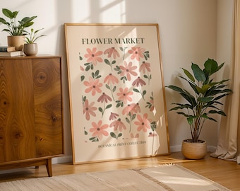 Stampa del mercato dei fiori rosa e arancioni, stampa artistica botanica da parete, poster del mercato dei fiori, poster di arte floreale moderna, arredamento per soggiorno, parete della camera da letto