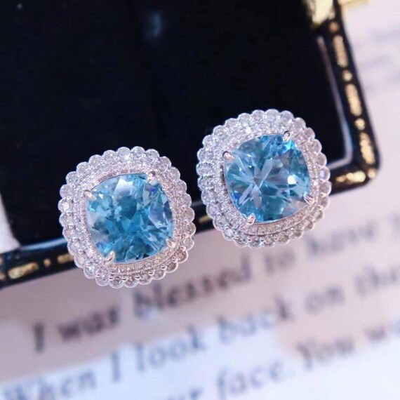 Vintage and Unique Design Aquamarine Stud Earrings Set 925