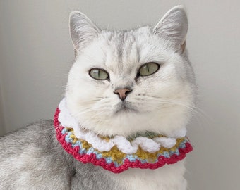 Circus party cat collar, Birthday gift for cat ,Cat knitted collar, Handmade pet collar,Cotton Scarf,  Crochet Cat Cowl,Flower Fairy collar