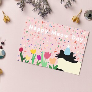 Happy Meow Day Cat Illustration - A6 briefkaart, gekke kat, vriend verjaardagskaart, mini kat print, roze kat verjaardagskaart