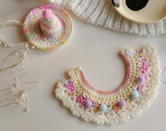 Sweet Lolita Cat Collar with Pompoms, Knitted Cat Hat, Soft Pink Collar and Hair Clip Set For Kitten, Crochet, Kawaii Puppy Gift Set