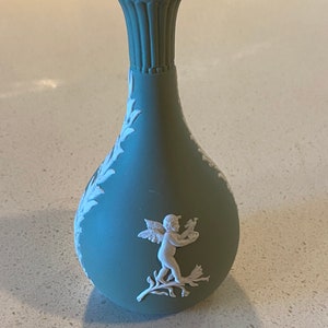 Vintage Wedgwood Jasperware bud Vase Sage Green has white floral & Cherub design