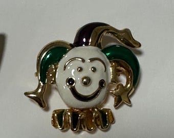 2 Mardi Gras brooches from the 1980s Enamel Clown and A Rhinestone Mask