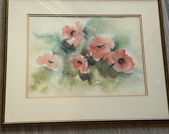 This is a floral watercolor painting by Sally Hally, produced before 2000. The painting features peach and green flowers & measures 19" x 14