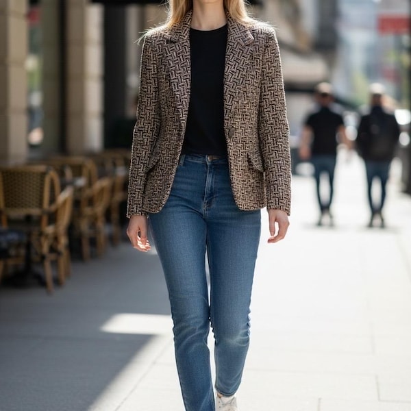 Giacca vintage in tweed di Kerry Moss, marrone e beige, taglia XS, completamente foderata. Ottime condizioni.