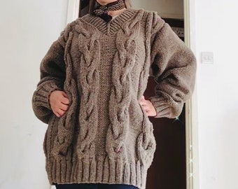 Unisex Cable Knit Sweater Dark Brown