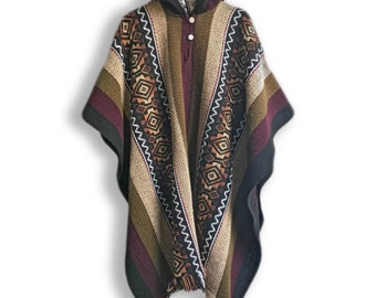 Wol, Mens, Unisex, Origineel, Zuid-Amerikaans, Handgeweven, Gestreept, Koraal Beige, Poncho, Cape, Jas, Jas, Fair trade, Perfect Cadeau