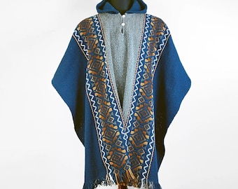 Bleu marine, Laine, Homme, Unisexe, Original, Amérique du Sud, Tissé à la main, Poncho, Cape, Manteau, Veste, Commerce équitable, Capuche, Parfait pour cadeau