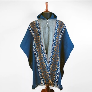 Poncho en laine tissé à la main : cape à capuche bleu marine, commerce équitable