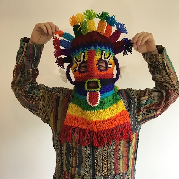 Gesichtsmaske,100% Wolle,Original aus Südamerika, handgefertigt, Crazy, Hippie, Boho, Ethno, Regenbogen Farben, Fair Trade, Perfektes Geschenk!