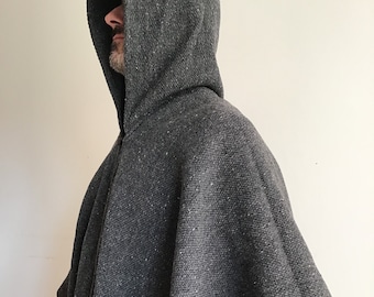 Lana grigia, Poncho Uomo, Unisex, Maglia stretta pesante Originale, Sudamericano, Tessuto a mano, Mantello, Cappotto, Mantello, Pullover, Regalo perfetto