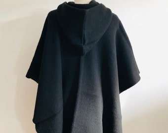Handwoven Wool Poncho: Black Hooded Cape, Fair Trade